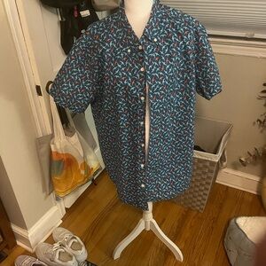 J. Crew Navy Short-Sleeve Shirt with Red & Light Blue Bird Print